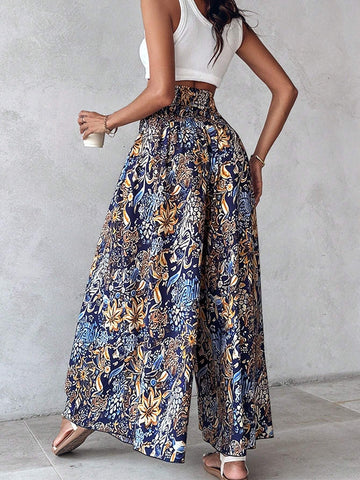 ChicMe Boho Floral Print Shirred High Waist Wide Leg Pants Vintage Slim Fit Casual Daily Trousers