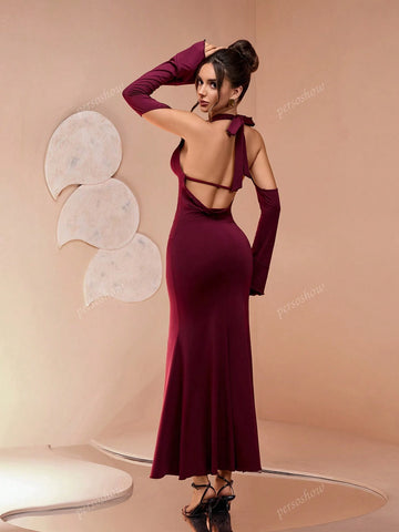 Chic Classic Solid Color High-End Burgundy Color Block Fitted Long Sleeve Knit Backless Slit Party Dress, Innovative, Young Energetic Design, Elegant Mature Charm Style