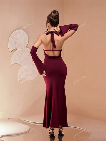 Chic Classic Solid Color High-End Burgundy Color Block Fitted Long Sleeve Knit Backless Slit Party Dress, Innovative, Young Energetic Design, Elegant Mature Charm Style