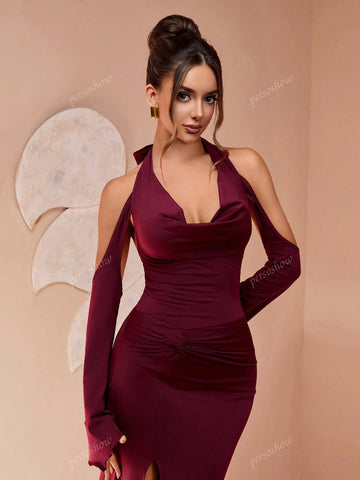 Chic Classic Solid Color High-End Burgundy Color Block Fitted Long Sleeve Knit Backless Slit Party Dress, Innovative, Young Energetic Design, Elegant Mature Charm Style