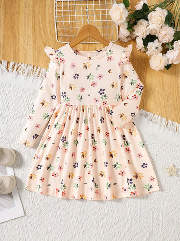 Chic Girls' Floral Dress With Ruffle Trim - Stretchy & Comfortable Fabric, Perfect For Casual Vacations & Gifts, Long Sleeve, Round Neck