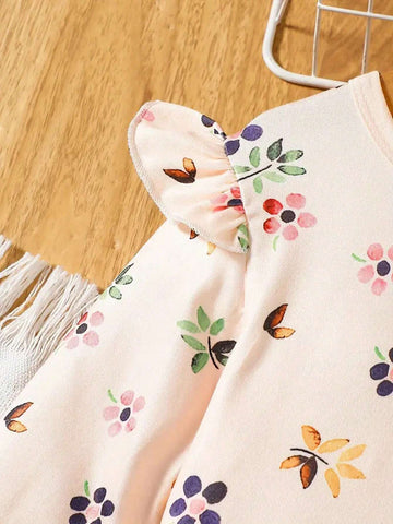 Chic Girls' Floral Dress With Ruffle Trim - Stretchy & Comfortable Fabric, Perfect For Casual Vacations & Gifts, Long Sleeve, Round Neck