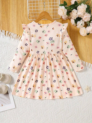 Chic Girls' Floral Dress With Ruffle Trim - Stretchy & Comfortable Fabric, Perfect For Casual Vacations & Gifts, Long Sleeve, Round Neck