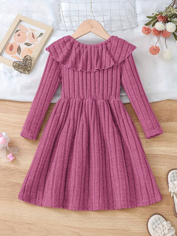 Chic Girls' Knit Ribbed Long Sleeve Dress - Lightweight & Stretchy, Perfect For Spring/Fall