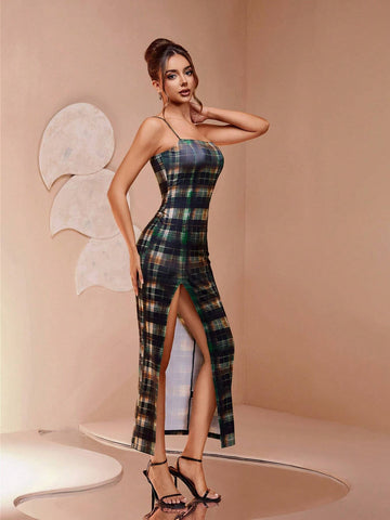Chic Qipao-Style Dress With Plaid Digital Print, Retro Charm Sleeveless Slimming Waist Sexy Side High Slit Cocktail Dress, Versatile For Party/Gathering, Unique & Exquisite