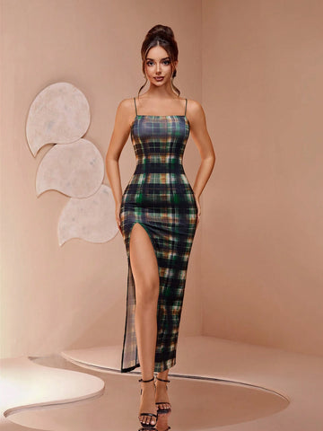 Chic Qipao-Style Dress With Plaid Digital Print, Retro Charm Sleeveless Slimming Waist Sexy Side High Slit Cocktail Dress, Versatile For Party/Gathering, Unique & Exquisite