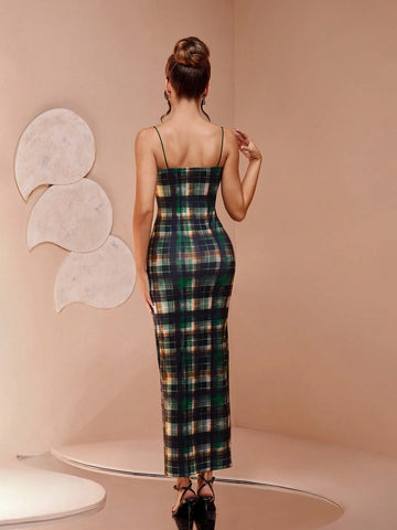 Chic Qipao-Style Dress With Plaid Digital Print, Retro Charm Sleeveless Slimming Waist Sexy Side High Slit Cocktail Dress, Versatile For Party/Gathering, Unique & Exquisite