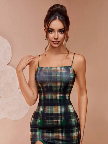 Chic Qipao-Style Dress With Plaid Digital Print, Retro Charm Sleeveless Slimming Waist Sexy Side High Slit Cocktail Dress, Versatile For Party/Gathering, Unique & Exquisite
