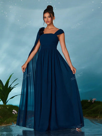 Chiffon Floral Sequin Accent One-Shoulder Bridesmaid Dress