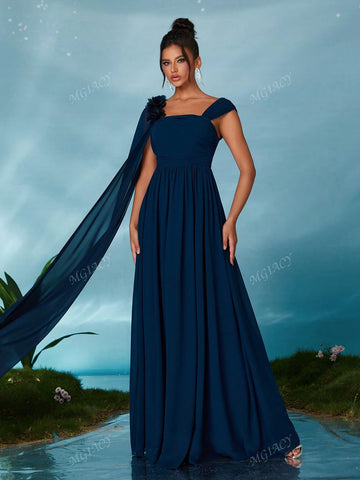 Chiffon Floral Sequin Accent One-Shoulder Bridesmaid Dress