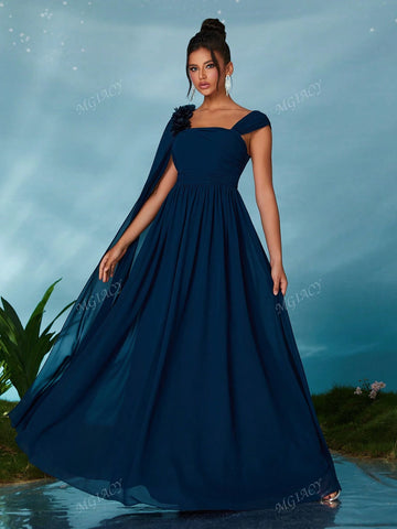 Chiffon Floral Sequin Accent One-Shoulder Bridesmaid Dress