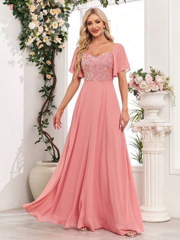 Chiffon Patchwork Glitter Solid Ruffle Sleeve Bridesmaid Dress