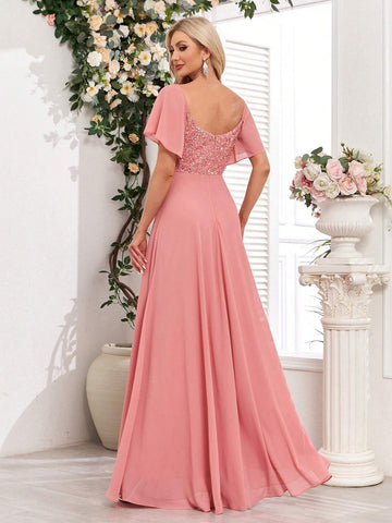 Chiffon Patchwork Glitter Solid Ruffle Sleeve Bridesmaid Dress