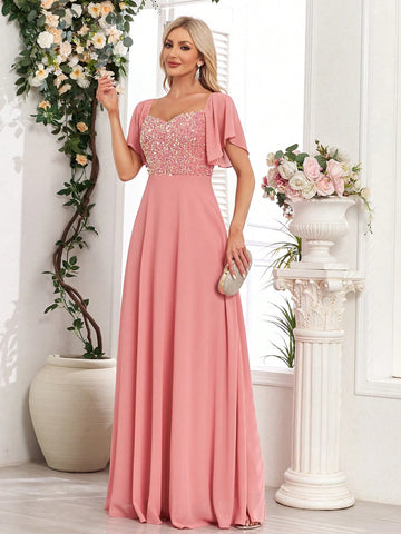 Chiffon Patchwork Glitter Solid Ruffle Sleeve Bridesmaid Dress