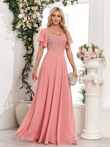 Chiffon Patchwork Glitter Solid Ruffle Sleeve Bridesmaid Dress