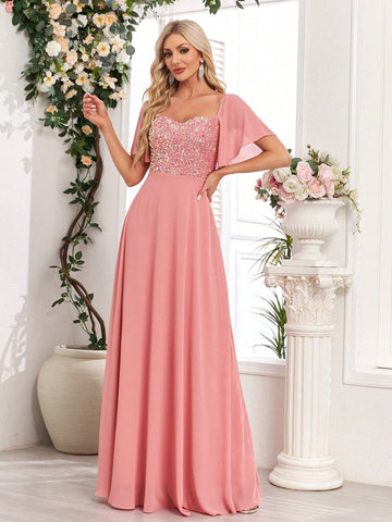 Chiffon Patchwork Glitter Solid Ruffle Sleeve Bridesmaid Dress