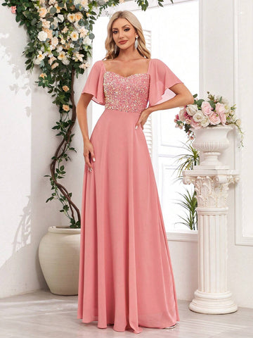 Chiffon Patchwork Glitter Solid Ruffle Sleeve Bridesmaid Dress