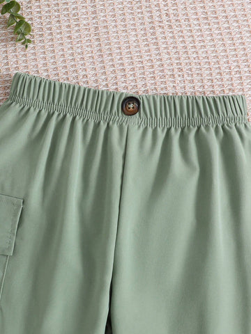 Children Day Green Streetwear Young Girl Cargo Pants With Multiple Pockets, Straight Trousers
