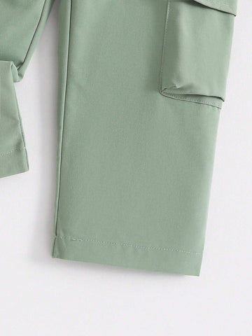 Children Day Green Streetwear Young Girl Cargo Pants With Multiple Pockets, Straight Trousers