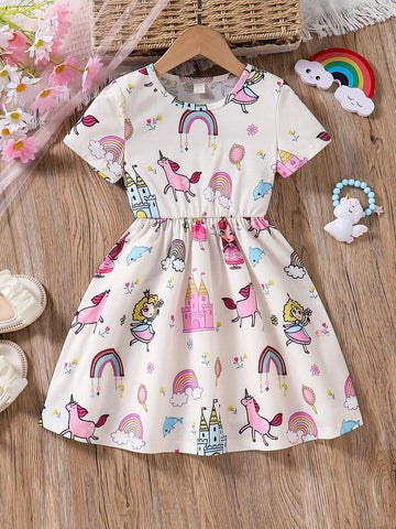 Children Day Young Girls' Lovely Rainbow Unicorn Print Short Sleeve Dress Is Suitable For Summer Beach Vacation