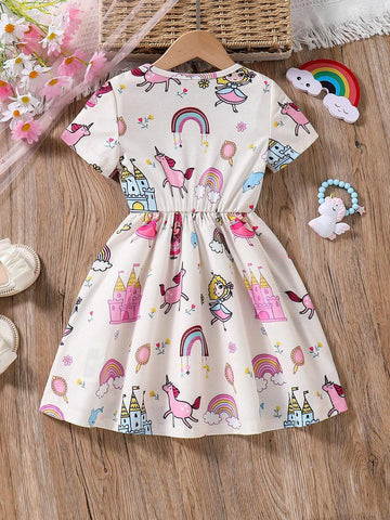 Children Day Young Girls' Lovely Rainbow Unicorn Print Short Sleeve Dress Is Suitable For Summer Beach Vacation