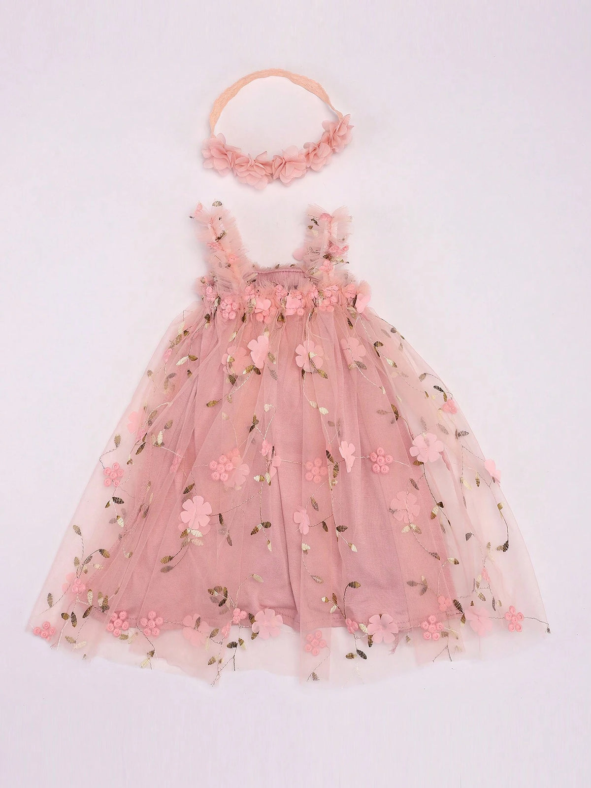 Children Embroidered Flower Sleeveless Dress, Sweet Princess Dress, Mesh Puff Dress, Girls" Dress With Matching Flower Headband