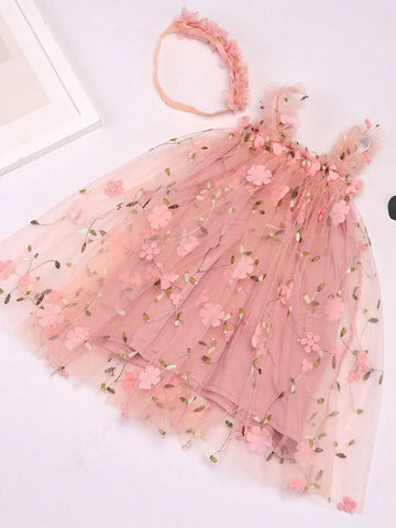 Children Embroidered Flower Sleeveless Dress, Sweet Princess Dress, Mesh Puff Dress, Girls" Dress With Matching Flower Headband