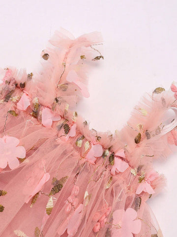 Children Embroidered Flower Sleeveless Dress, Sweet Princess Dress, Mesh Puff Dress, Girls" Dress With Matching Flower Headband