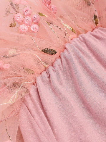 Children Embroidered Flower Sleeveless Dress, Sweet Princess Dress, Mesh Puff Dress, Girls" Dress With Matching Flower Headband