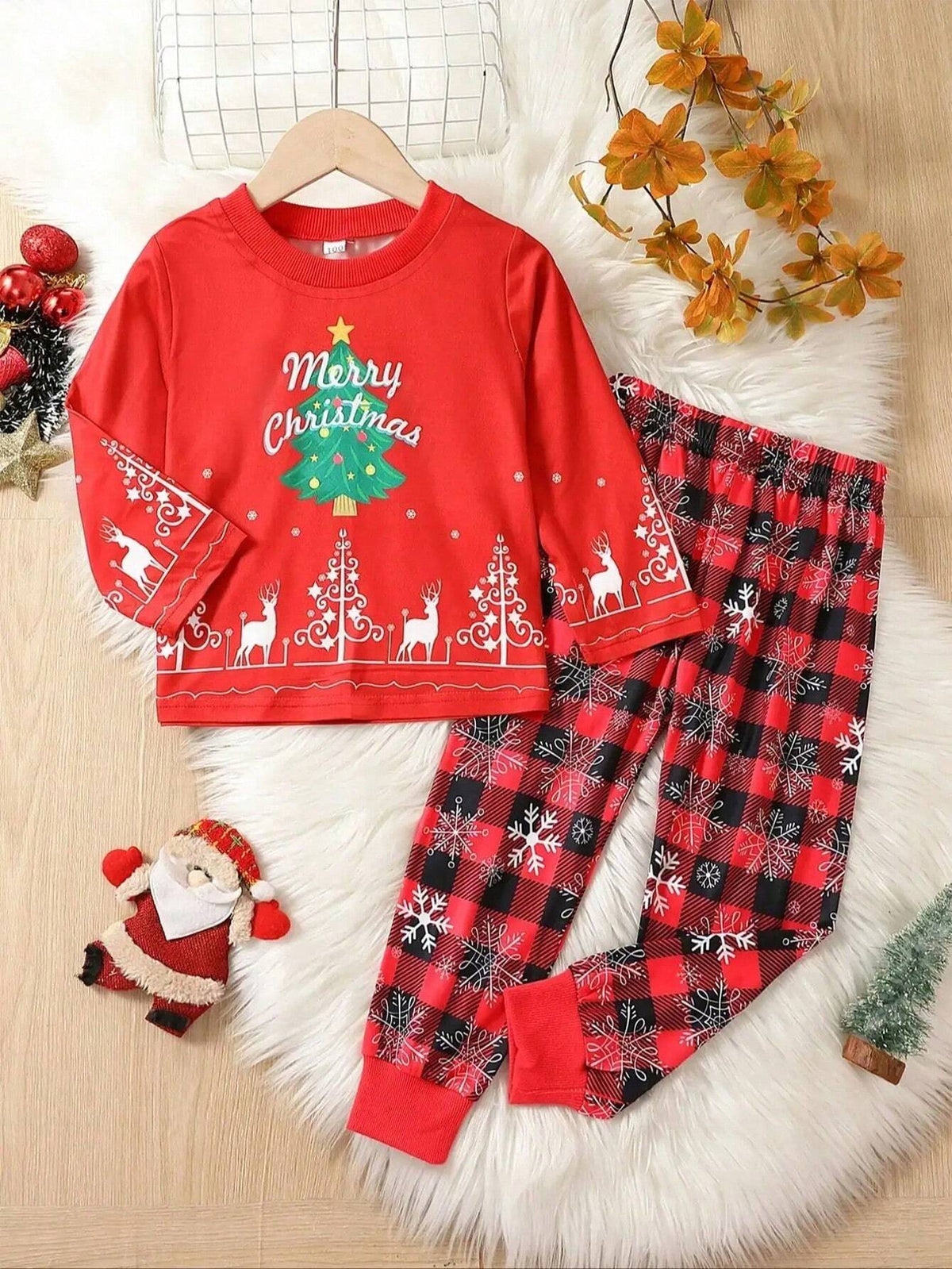 Children's Christmas Tree Print Long Sleeve Outfit, Suitable For All Seasons