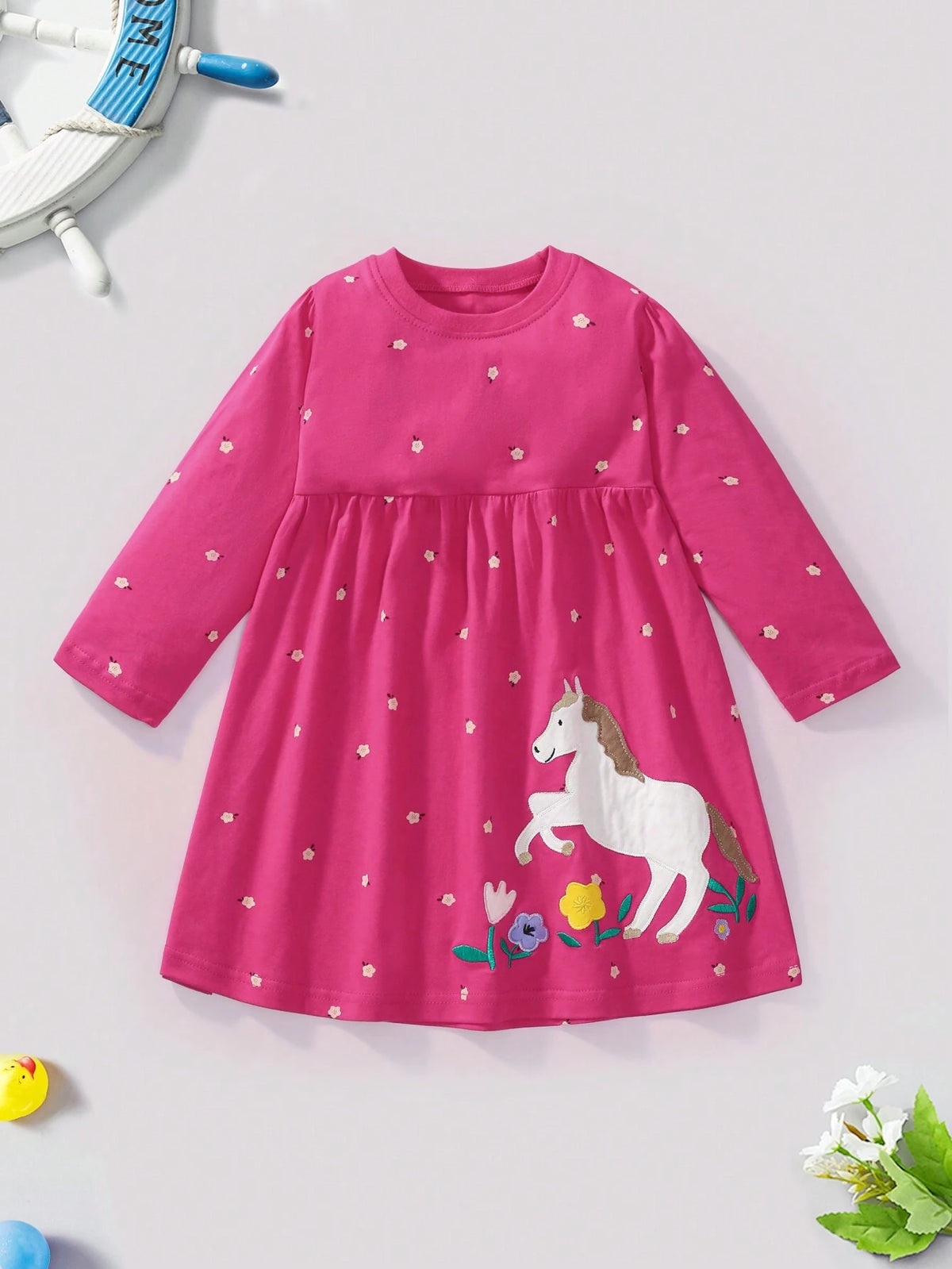 Children's Cotton Long Sleeve Dress, Cute Floral & Rabbit Applique Design, Fashionable For Autumn
