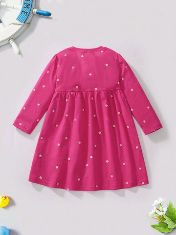 Children's Cotton Long Sleeve Dress, Cute Floral & Rabbit Applique Design, Fashionable For Autumn