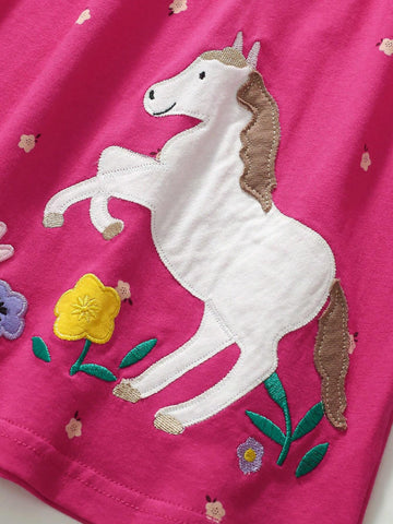 Children's Cotton Long Sleeve Dress, Cute Floral & Rabbit Applique Design, Fashionable For Autumn