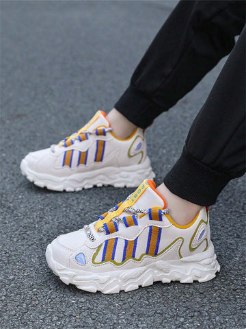 Children's Fall New Leather Uppers Non-Slip Anti-Odor Fashion Handsome Big Kid Boys Running Shoes, Beige