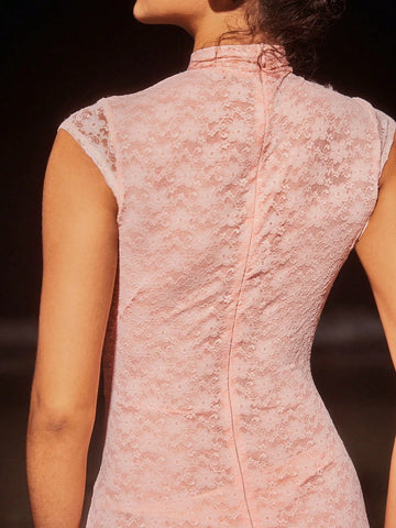 Chinese Qipao Style Hollow Out Twisted Knot Slit Ruffle Hem Skirt Women Cocktail Party Dress