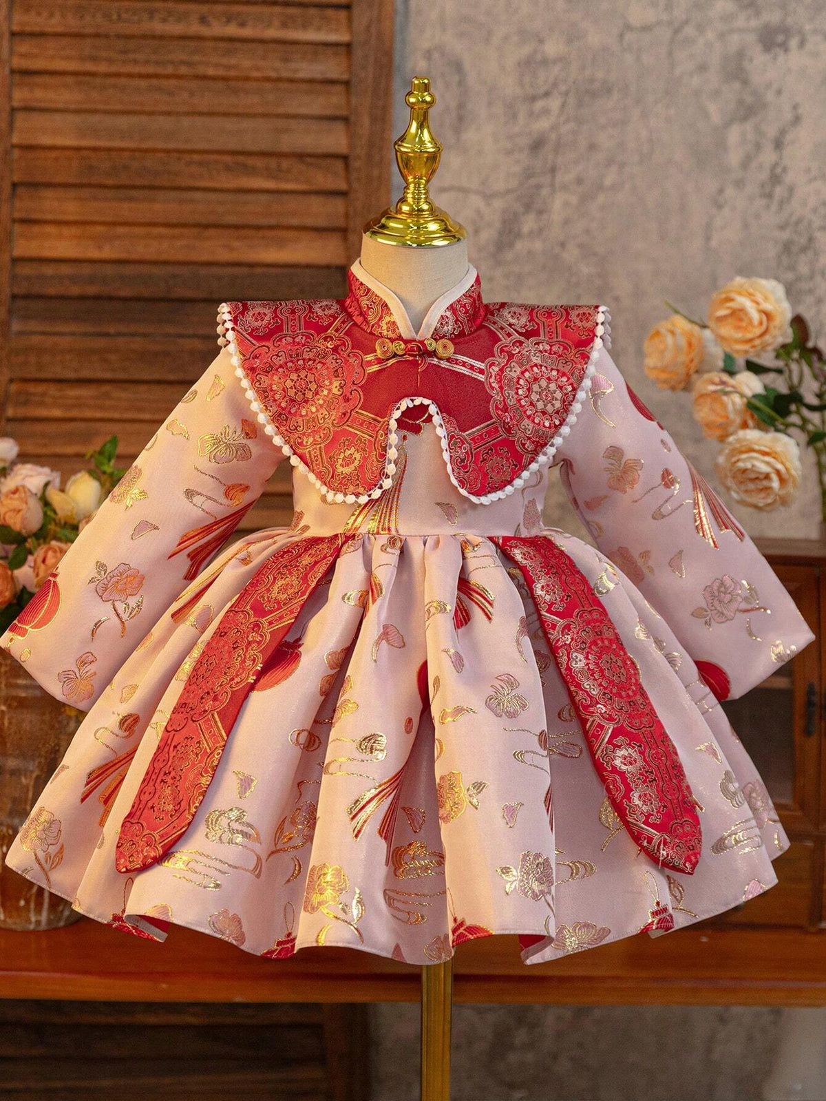 Chinese Style Young Girl Cheongsam Collar Red Chinese New Year Dress,