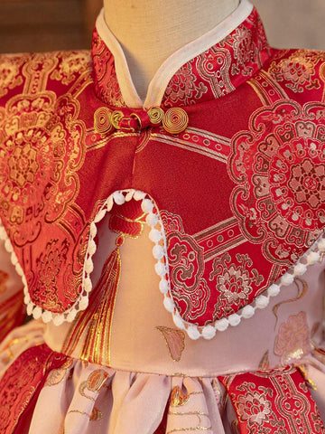 Chinese Style Young Girl Cheongsam Collar Red Chinese New Year Dress,