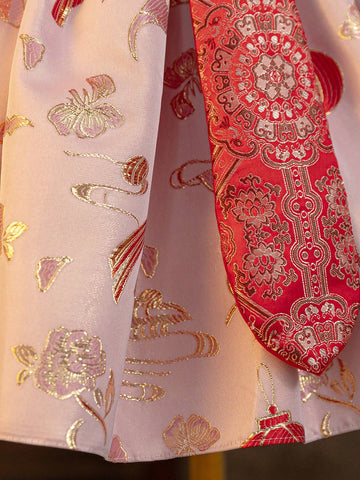 Chinese Style Young Girl Cheongsam Collar Red Chinese New Year Dress,