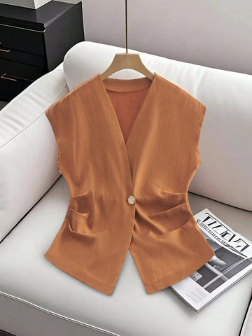Casual V-Neck Sleeveless Solid Color Blouse