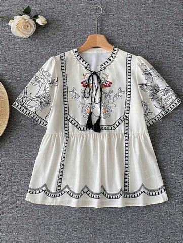 Printed Drawstring Collar Casual Vacation Short Sleeve Shirt