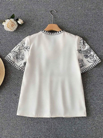 Printed Drawstring Collar Casual Vacation Short Sleeve Shirt