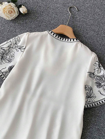 Printed Drawstring Collar Casual Vacation Short Sleeve Shirt