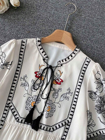 Printed Drawstring Collar Casual Vacation Short Sleeve Shirt