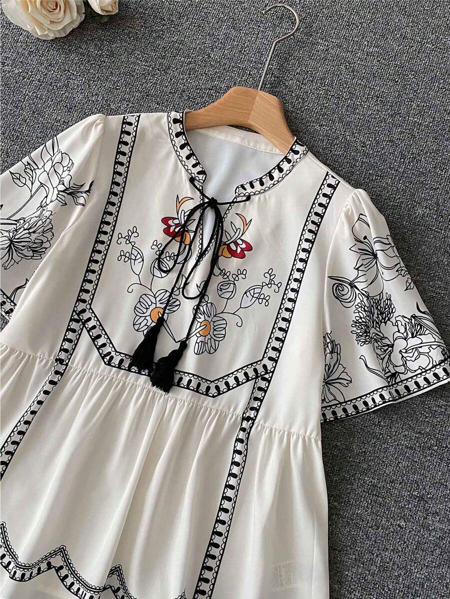 Printed Drawstring Collar Casual Vacation Short Sleeve Shirt