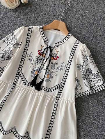 Printed Drawstring Collar Casual Vacation Short Sleeve Shirt