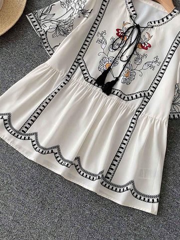 Printed Drawstring Collar Casual Vacation Short Sleeve Shirt