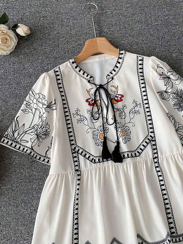 Printed Drawstring Collar Casual Vacation Short Sleeve Shirt