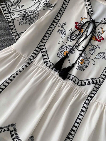 Printed Drawstring Collar Casual Vacation Short Sleeve Shirt