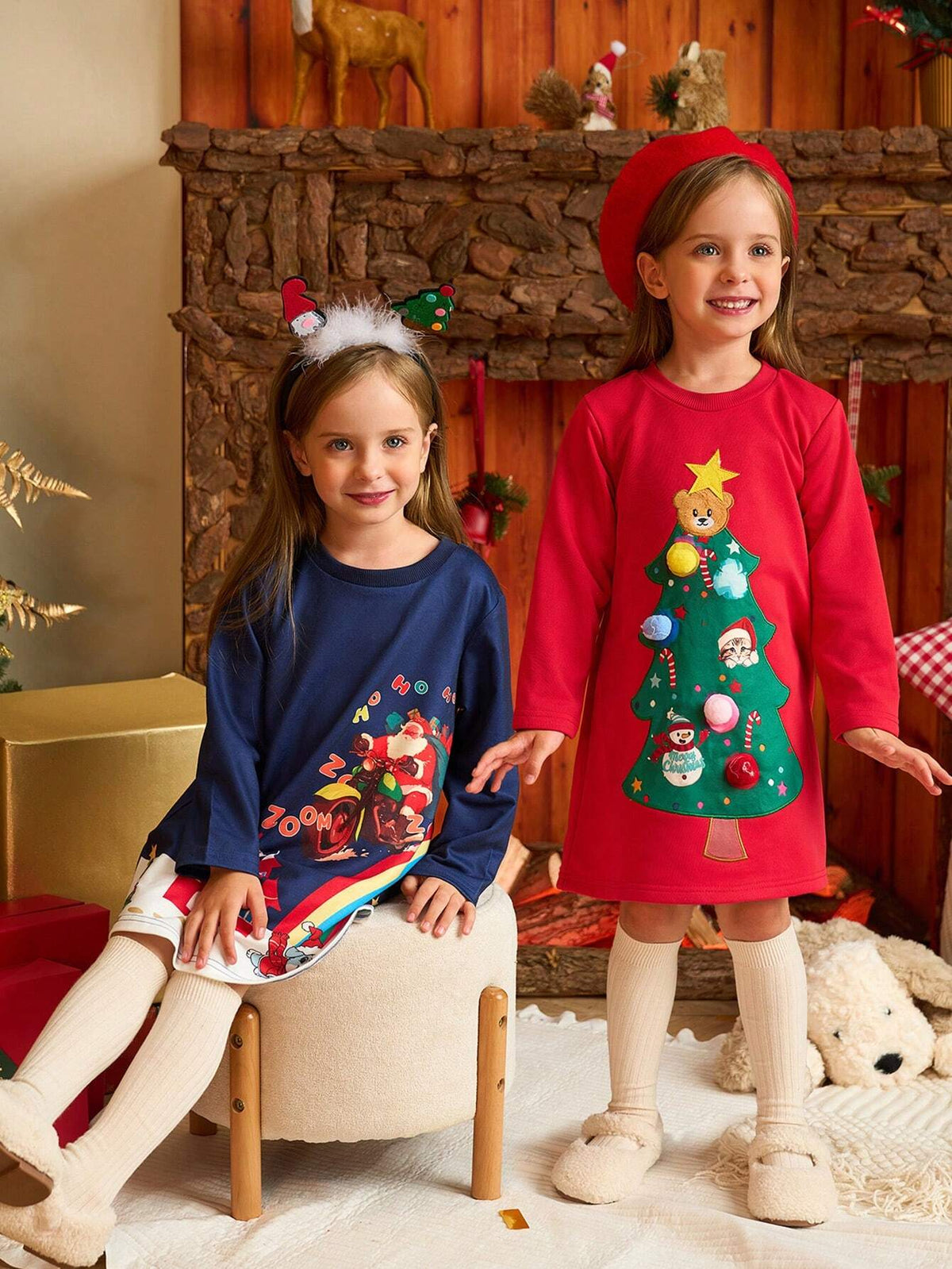 Christmas 2pcs/Set Girls' Holiday Loose Casual Long Sleeve Dress, Christmas Tree Print With Fluffy Ball Decor, Blue And Red Combo, Suitable For Autumn/Winter