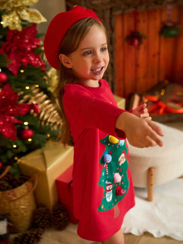 Christmas 2pcs/Set Girls' Holiday Loose Casual Long Sleeve Dress, Christmas Tree Print With Fluffy Ball Decor, Blue And Red Combo, Suitable For Autumn/Winter